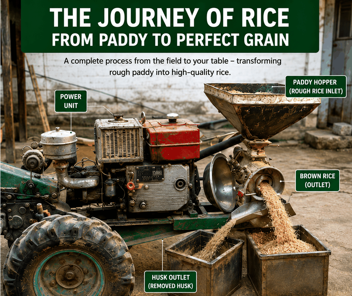 Rubber roll de-husking of paddy